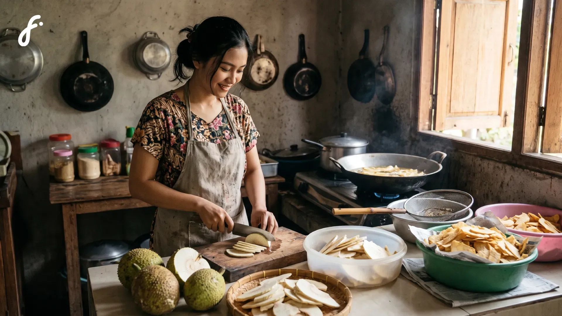 Gambar perempuan mempersiapkan keripik sukun